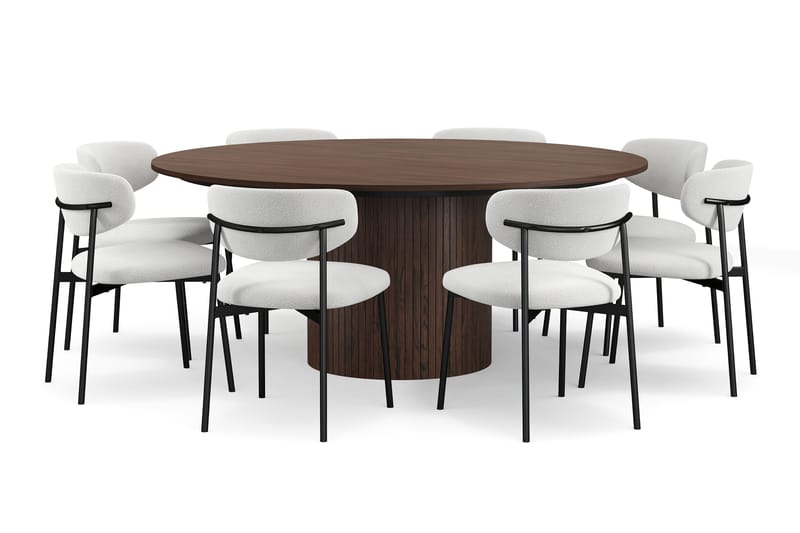 Kopparbo Pyöreä Ruokapöytä 180 cm 8 Lucy Ruokatuolilla - Pähkinä / Greige Bouclé / Metallijalat Musta - Huonekalut - Pöytä & ruokailuryhmä - Ruokailuryhmä