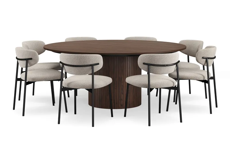 Kopparbo Pyöreä Ruokapöytä 180 cm 8 Lucy Ruokatuolilla - Pähkinä / Valkoinen Bouclé / Metallijalat Musta - Huonekalut - Pöytä & ruokailuryhmä - Ruokailuryhmä