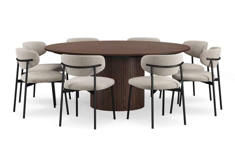 Kopparbo Pyöreä Ruokapöytä 180 cm 8 Lucy Ruokatuolilla - Pähkinä / Valkoinen Bouclé / Metallijalat Musta - Huonekalut - Pöytä & ruokailuryhmä - Ruokailuryhmä