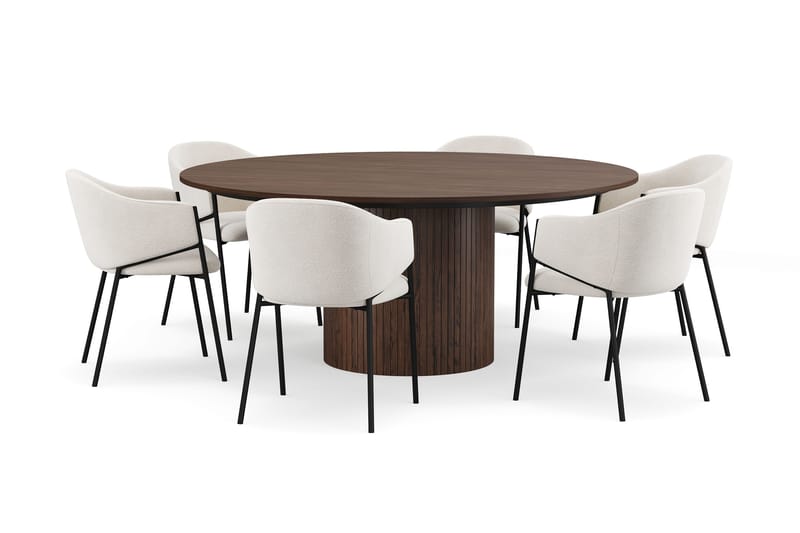 Kopparbo Pyöreä Ruokapöytä 180 cm 6 Filip Ruokatuolilla, Pähkinä / Valkoinen Bouclé