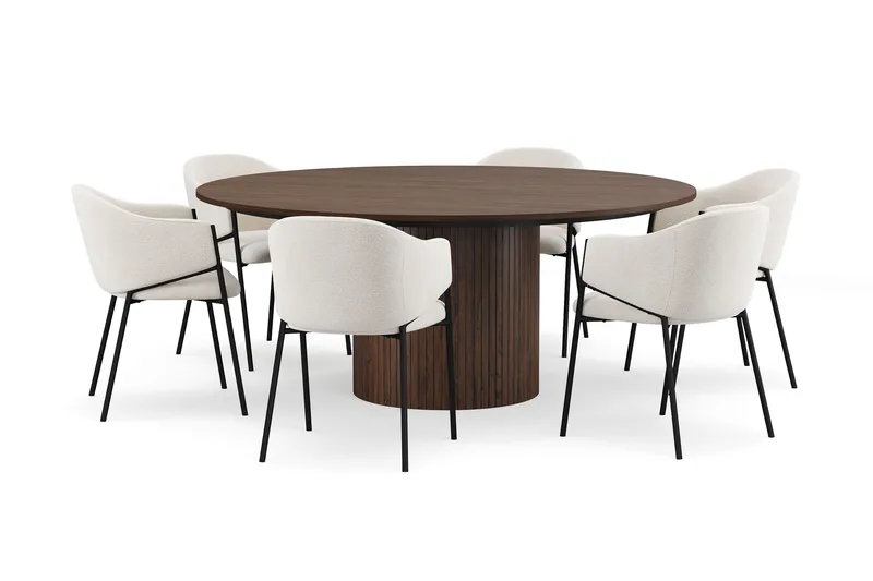 Kopparbo Pyöreä Ruokapöytä 180 cm 6 Filip Ruokatuolilla, Pähkinä / Valkoinen Bouclé