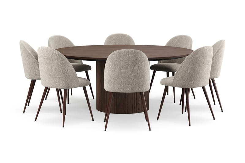Kopparbo Pyöreä Ruokapöytä 180 cm 8 Nibe Plus Ruokatuolilla, Pähkinä / Greige Bouclé / Metallijalat Pähkinä