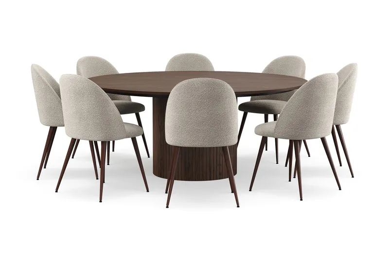Kopparbo Pyöreä Ruokapöytä 180 cm 8 Nibe Plus Ruokatuolilla, Pähkinä / Greige Bouclé / Metallijalat Pähkinä