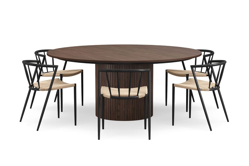 Kopparbo Pyöreä Ruokapöytä 180 cm 6 Winston Ruokatuolilla - Pähkinä / Beige / Metallijalat Musta - Huonekalut - Pöytä & ruokailuryhmä - Ruokailuryhmä