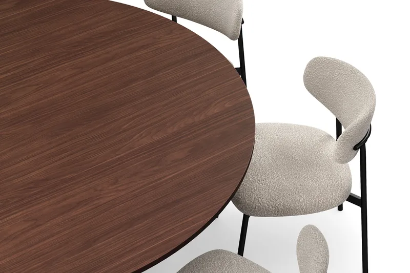 Kopparbo Pyöreä Ruokapöytä 180 cm 8 Lucy Ruokatuolilla - Pähkinä / Valkoinen Bouclé / Metallijalat Musta - Huonekalut - Pöytä & ruokailuryhmä - Ruokailuryhmä