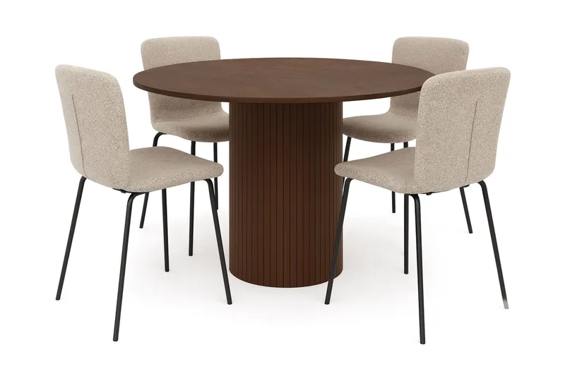 Kopparbo Pyöreä Ruokapöytä 120 cm 4 Katy Ruokatuolilla, Tummanruskea / Greige Bouclé / Metallijalat Musta