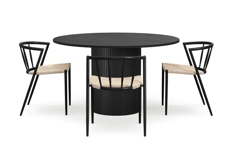 Kopparbo Pyöreä Ruokapöytä 130 cm 4 Winston Ruokatuolilla, Mustapuu / Beige / Metallijalat Musta