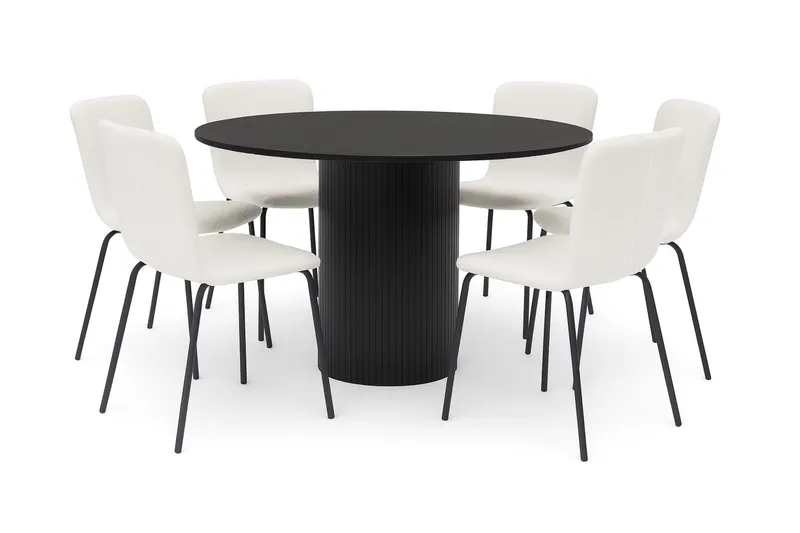 Kopparbo Pyöreä Ruokapöytä 130 cm 6 Katy Ruokatuolilla, Mustapuu / Valkoinen Bouclé / Metallijalat Musta