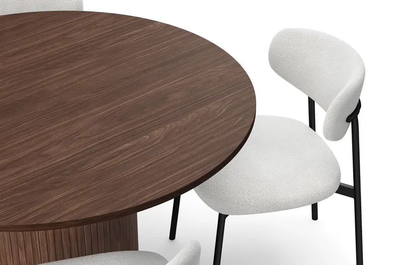 Kopparbo Pyöreä Ruokapöytä 120 cm 4 Lucy Ruokatuolilla - Tummanruskea / Valkoinen Bouclé / Metallijalat Musta - Huonekalut - Pöytä & ruokailuryhmä - Ruokailuryhmä