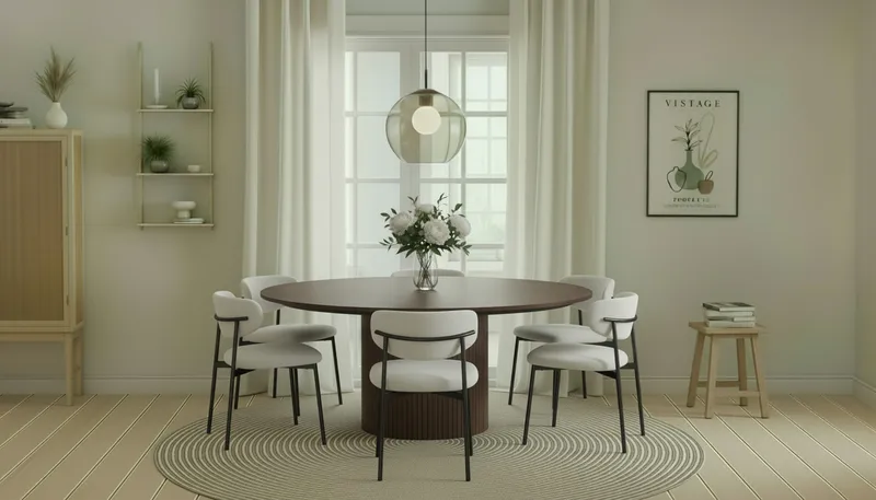 Kopparbo Pyöreä Ruokapöytä 180 cm 6 Lucy Ruokatuolilla - Pähkinä / Valkoinen Bouclé / Metallijalat Musta - Huonekalut - Pöytä & ruokailuryhmä - Ruokailuryhmä