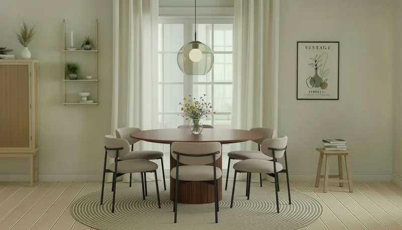 Kopparbo Pyöreä Ruokapöytä 150 cm 6 Lucy Ruokatuolilla - Pähkinä / Greige Bouclé / Metallijalat Musta - Huonekalut - Pöytä & ruokailuryhmä - Ruokailuryhmä