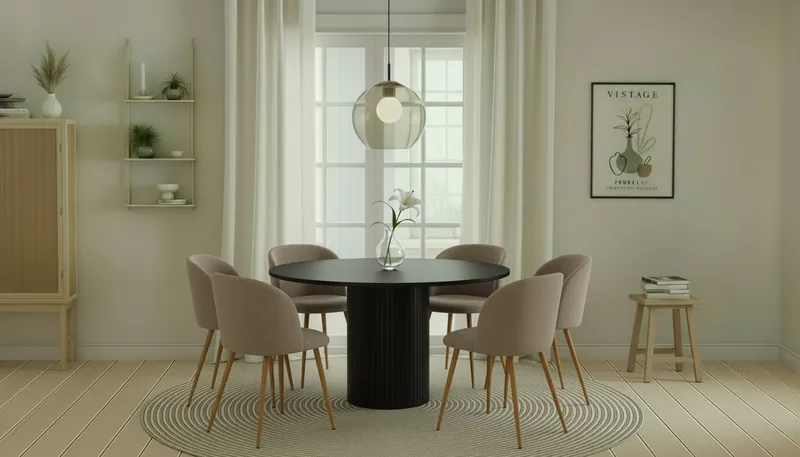 Kopparbo Pyöreä Ruokapöytä 130 cm 6 Greya Ruokatuolia käsinojilla - Mustapuu / Greige Bouclé / Metallijalat Tammi - Huonekalut - Pöytä & ruokailuryhmä - Ruokailuryhmä