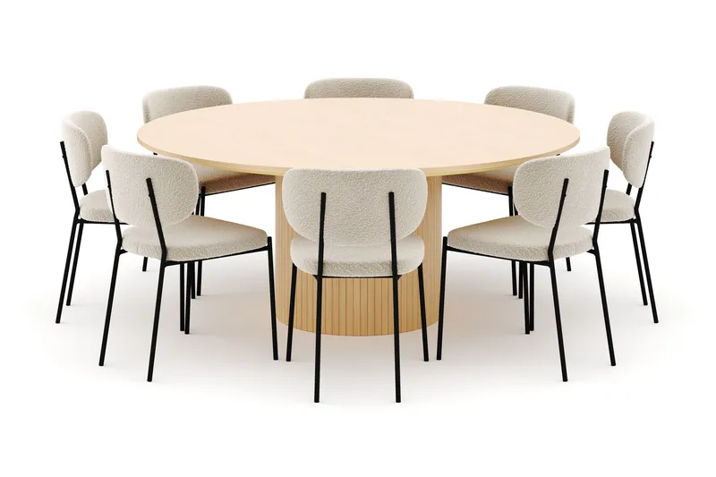 Kopparbo Pyöreä Ruokapöytä 180 cm ja 8 Gemmiano Tuolia - Valkokuultoinen - Huonekalut - Pöytä & ruokailuryhmä - Ruokailuryhmä