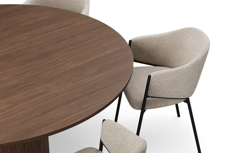 Kopparbo Pyöreä Ruokapöytä 180 cm 6 Filip Ruokatuolilla - Pähkinä / Taupe Bouclé - Huonekalut - Pöytä & ruokailuryhmä - Ruokailuryhmä