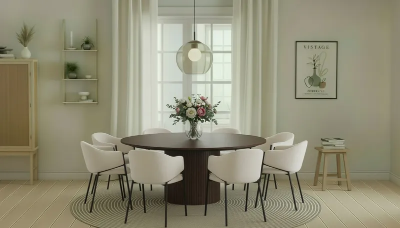 Kopparbo Pyöreä Ruokapöytä 180 cm 8 Filip Ruokatuolilla - Pähkinä / Valkoinen Bouclé - Huonekalut - Pöytä & ruokailuryhmä - Ruokailuryhmä