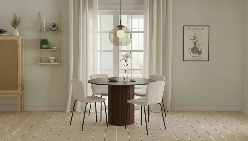 Kopparbo Pyöreä Ruokapöytä 120 cm 4 Katy Ruokatuolilla - Tummanruskea / Valkoinen Bouclé / Metallijalat Musta - Huonekalut - Pöytä & ruokailuryhmä - Ruokailuryhmä