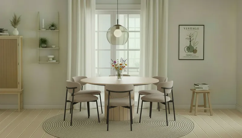 Kopparbo Pyöreä Ruokapöytä 150 cm 6 Lucy Ruokatuolilla - Valkoinen / Greige Bouclé / Metallijalat Musta - Huonekalut - Pöytä & ruokailuryhmä - Ruokailuryhmä