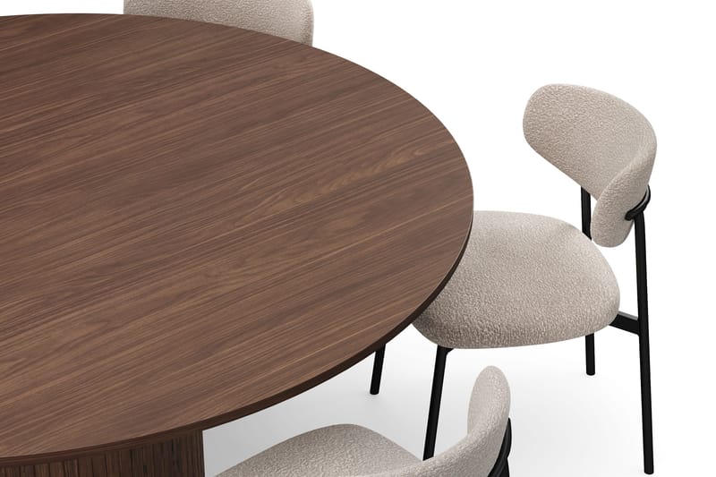 Kopparbo Pyöreä Ruokapöytä 180 cm 6 Lucy Ruokatuolilla - Pähkinä / Greige Bouclé / Metallijalat Musta - Huonekalut - Pöytä & ruokailuryhmä - Ruokailuryhmä