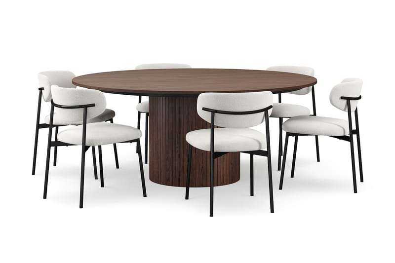Kopparbo Pyöreä Ruokapöytä 180 cm 6 Lucy Ruokatuolilla - Pähkinä / Valkoinen Bouclé / Metallijalat Musta - Huonekalut - Pöytä & ruokailuryhmä - Ruokailuryhmä