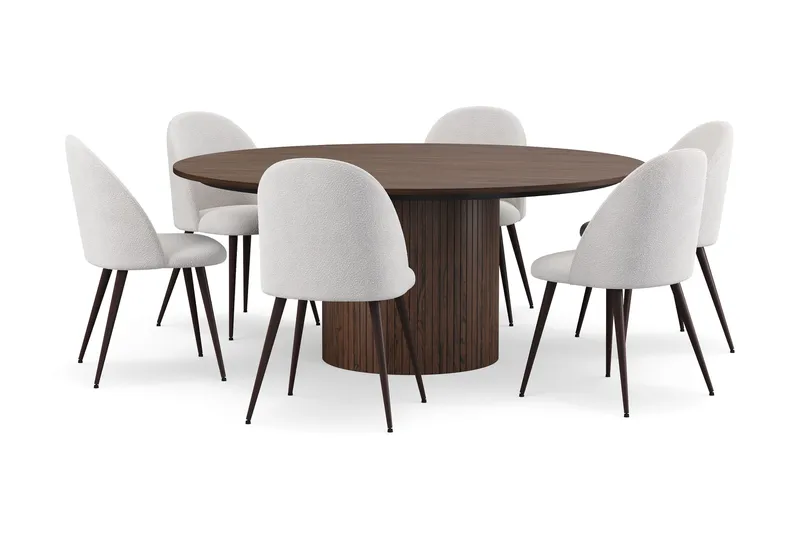 Kopparbo Pyöreä Ruokapöytä 180 cm 6 Nibe Plus Ruokatuolilla, Pähkinä / Valkoinen Bouclé / Metallijalat Pähkinä