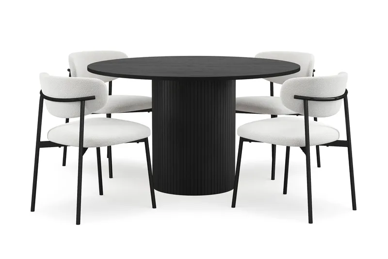 Kopparbo Pyöreä Ruokapöytä 130 cm 4 Lucy Ruokatuolilla, Mustapuu / Valkoinen Bouclé / Metallijalat Musta