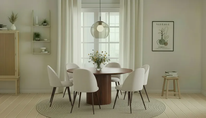 Kopparbo Pyöreä Ruokapöytä 150 cm 6 Nibe Plus Ruokatuolilla - Pähkinä / Valkoinen Bouclé / Metallijalat Pähkinä - Huonekalut - Pöytä & ruokailuryhmä - Ruokailuryhmä