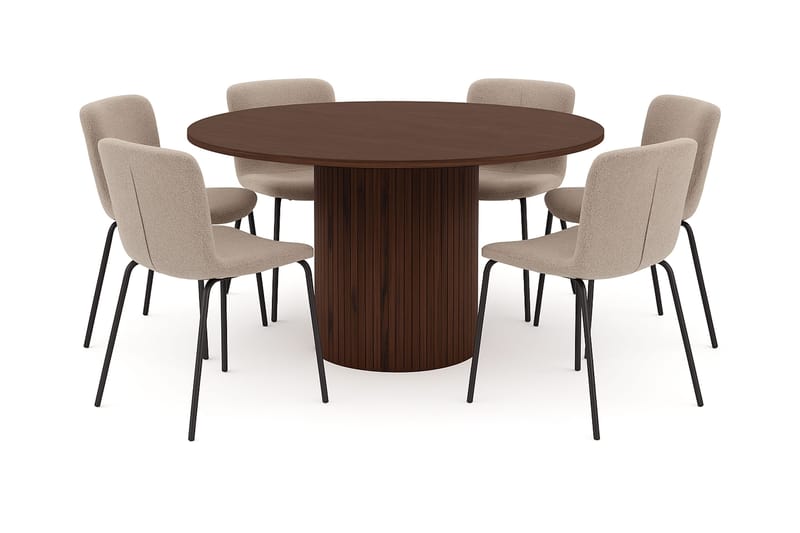Kopparbo Pyöreä Ruokapöytä 150 cm 6 Katy Ruokatuolilla, Pähkinä / Greige Bouclé / Metallijalat Musta