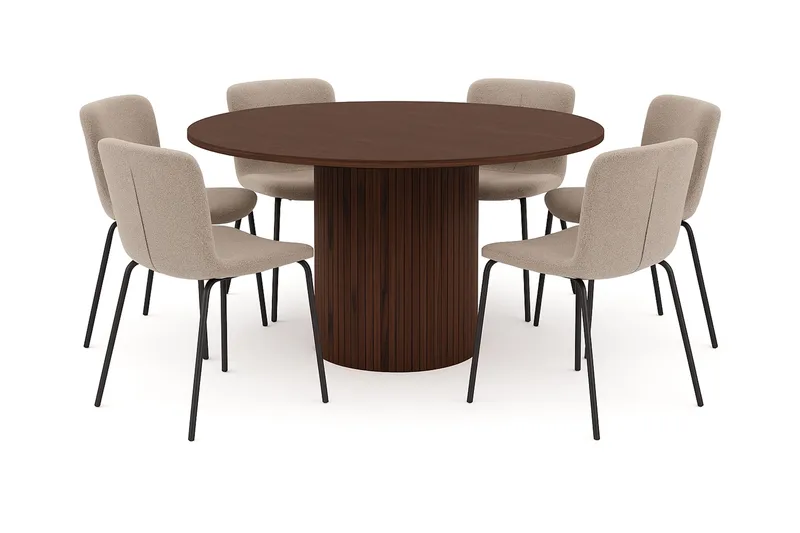 Kopparbo Pyöreä Ruokapöytä 150 cm 6 Katy Ruokatuolilla, Pähkinä / Greige Bouclé / Metallijalat Musta