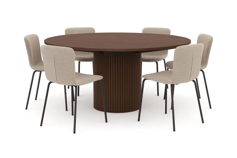 Kopparbo Pyöreä Ruokapöytä 180 cm 6 Katy Ruokatuolilla, Pähkinä / Greige Bouclé / Metallijalat Musta
