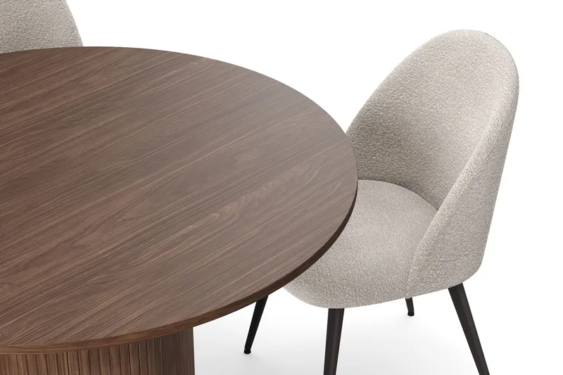 Kopparbo Pyöreä Ruokapöytä 120 cm 4 Nibe Plus Ruokatuolilla - Tummanruskea / Greige Bouclé / Metallijalat Pähkinä - Huonekalut - Pöytä & ruokailuryhmä - Ruokailuryhmä