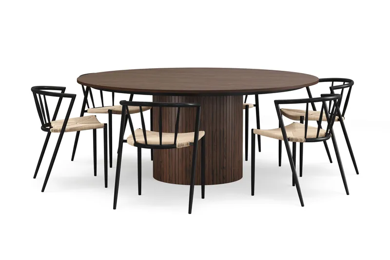 Kopparbo Pyöreä Ruokapöytä 180 cm 6 Winston Ruokatuolilla, Pähkinä / Beige / Metallijalat Musta