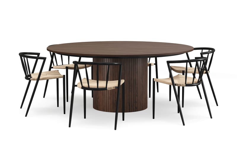 Kopparbo Pyöreä Ruokapöytä 180 cm 6 Winston Ruokatuolilla, Pähkinä / Beige / Metallijalat Musta