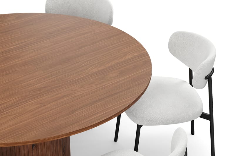 Kopparbo Pyöreä Ruokapöytä 150 cm 6 Lucy Ruokatuolilla - Pähkinä / Valkoinen Bouclé / Metallijalat Musta - Huonekalut - Pöytä & ruokailuryhmä - Ruokailuryhmä