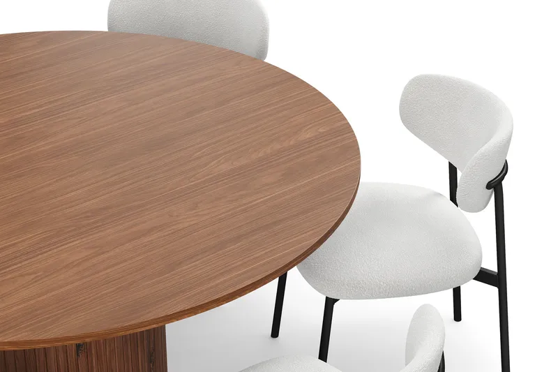 Kopparbo Pyöreä Ruokapöytä 150 cm 6 Lucy Ruokatuolilla - Pähkinä / Valkoinen Bouclé / Metallijalat Musta - Huonekalut - Pöytä & ruokailuryhmä - Ruokailuryhmä