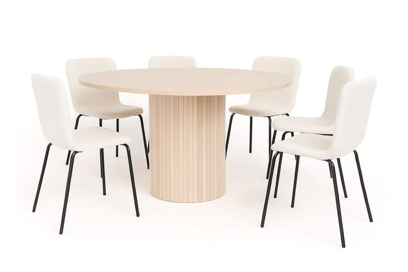 Kopparbo Pyöreä Ruokapöytä 150 cm 6 Katy Ruokatuolilla, Valkoinen / Valkoinen Bouclé / Metallijalat Musta