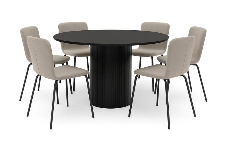 Kopparbo Pyöreä Ruokapöytä 130 cm 6 Katy Ruokatuolilla, Mustapuu / Greige Bouclé / Metallijalat Musta