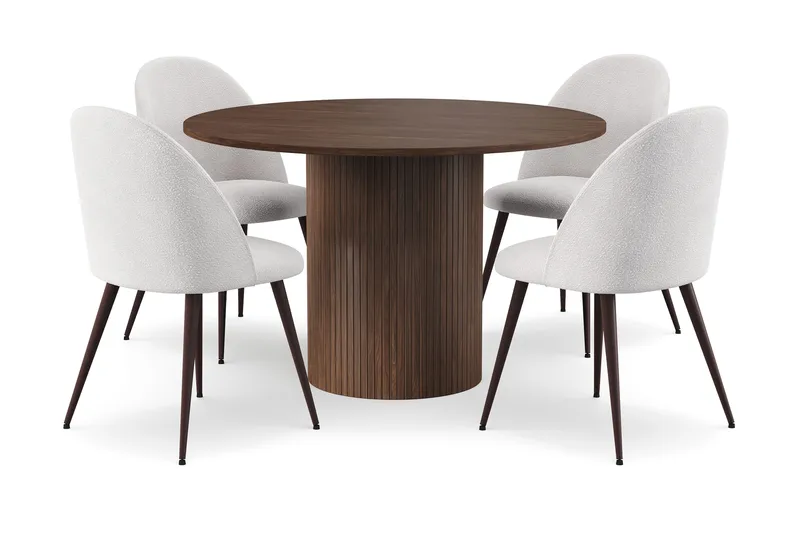 Kopparbo Pyöreä Ruokapöytä 120 cm 4 Nibe Plus Ruokatuolilla, Tummanruskea / Valkoinen Bouclé / Metallijalat Pähkinä