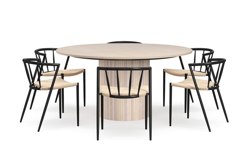 Kopparbo Pyöreä Ruokapöytä 150 cm 6 Winston Ruokatuolilla - Valkoinen / Beige / Metallijalat Musta - Huonekalut - Pöytä & ruokailuryhmä - Ruokailuryhmä