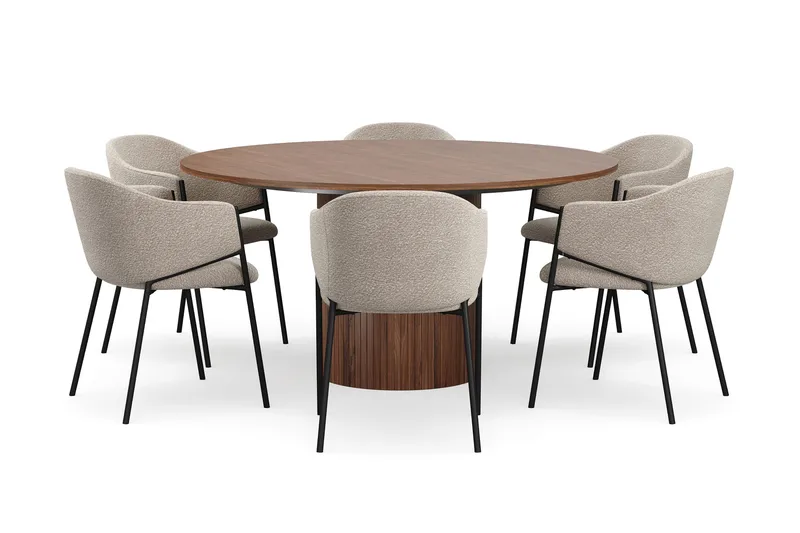 Kopparbo Pyöreä Ruokapöytä 150 cm 6 Filip Ruokatuolilla - Pähkinä / Taupe Bouclé - Huonekalut - Pöytä & ruokailuryhmä - Ruokailuryhmä
