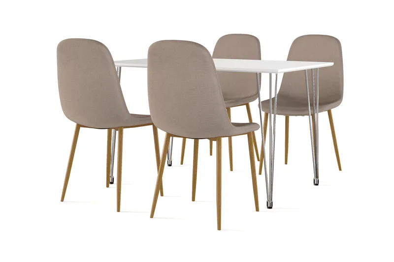 Kranstull Ruokapöytä 120 cm + 4 kpl Naira tuoli ruskea tammijaloilla, Valkoinen/Ruskea