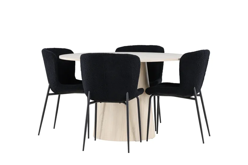 Lanzo Ruokailuryhmä 120 cm Pyöreä jossa 4 Modesto tuolia, Whitewash/Musta
