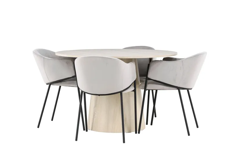 Lanzo Ruokailuryhmä 120 cm Pyöreä jossa 4 Evelina tuolia, Whitewash/Harmaa