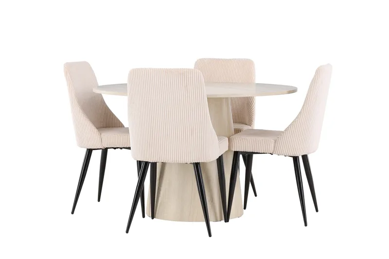 Lanzo Ruokailuryhmä 120 cm Pyöreä jossa 4 Leone tuolia, Whitewash/Beige