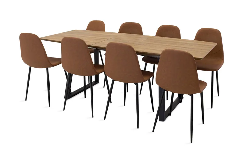 Leah-ruokailuryhmä, jatkettava pöytä ja 8 Pontus-keittiötuolia, Keinonahka Ruskea/Beige