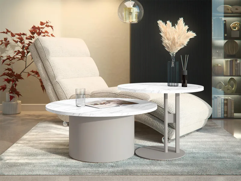 Lorvyn Pyöreä pöytäsarja 58/75 cm - Beige ja valkoinen marmori - Huonekalut - Pöytä & ruokailuryhmä - Sohvapöytä