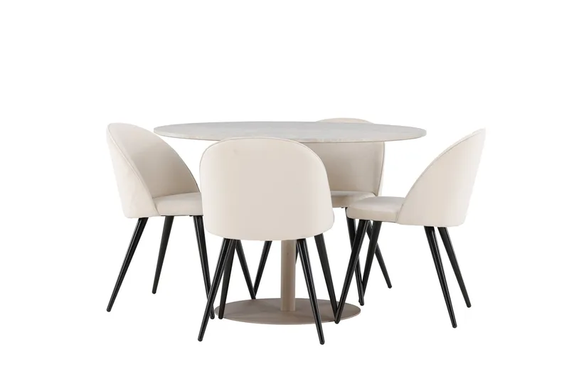 Lycke Ruokailuryhmä 110 cm Pyöreä jossa 4 Velvet tuolia - Beige/Beige - Huonekalut - Pöytä & ruokailuryhmä - Ruokailuryhmä