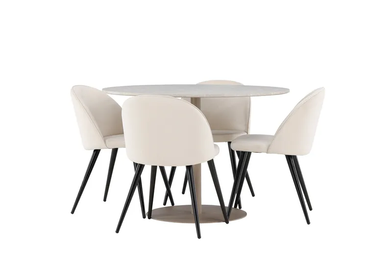 Lycke Ruokailuryhmä 110 cm Pyöreä jossa 4 Velvet tuolia, Beige/Beige