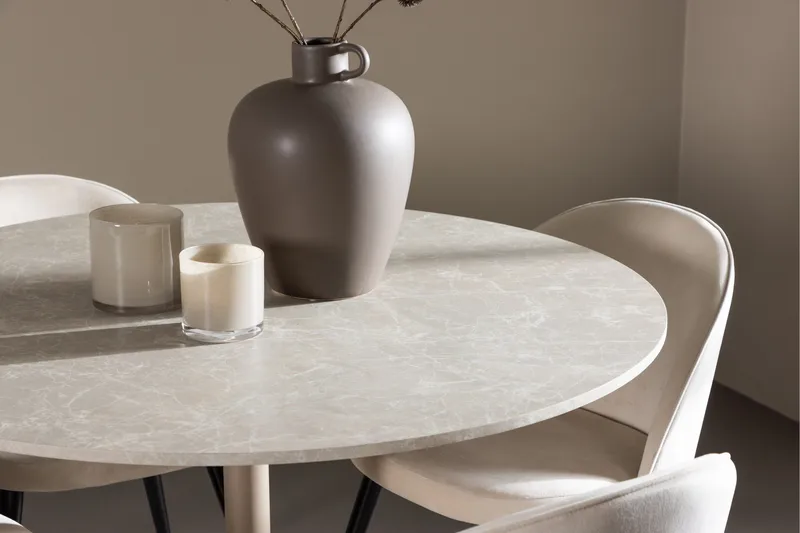 Lycke Ruokailuryhmä 110 cm Pyöreä jossa 4 Velvet tuolia - Beige/Beige - Huonekalut - Pöytä & ruokailuryhmä - Ruokailuryhmä