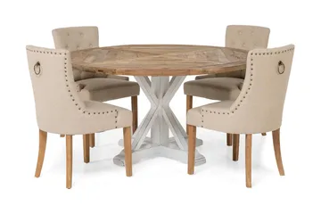 Lyon-ruokailuryhmä, pyöreä Ø150 cm, 4 Viktoria-tuolia - Vintage Luonnonväri/Valkoinen/Beige - Huonekalut - Pöytä & ruokailuryhmä - Ruokailuryhmä