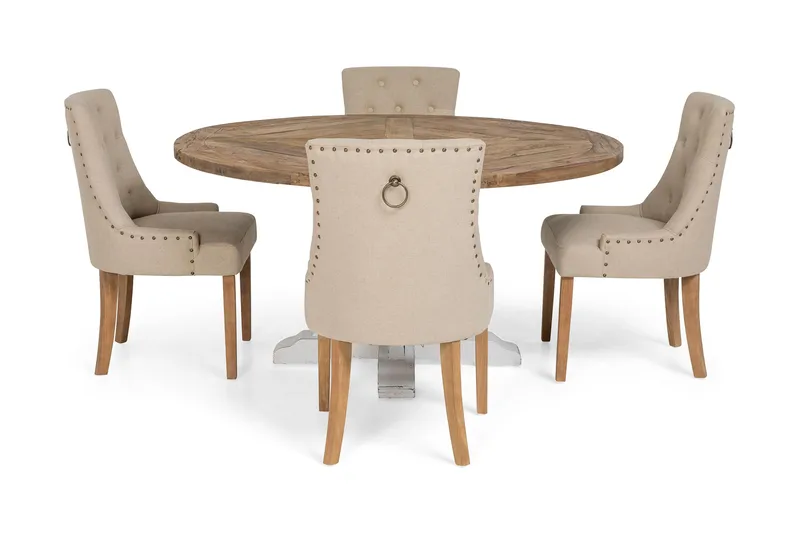 Lyon-ruokailuryhmä, pyöreä Ø150 cm, 4 Viktoria-tuolia - Vintage Luonnonväri/Valkoinen/Beige - Huonekalut - Pöytä & ruokailuryhmä - Ruokailuryhmä